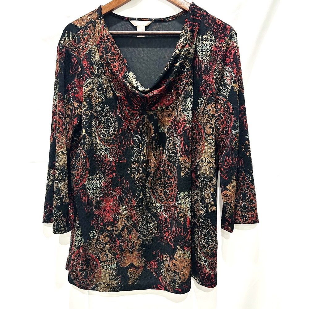 White Stag Womens Dark Floral Top Size 2X Cowl Neck Stretch Artsy Party Cocktail